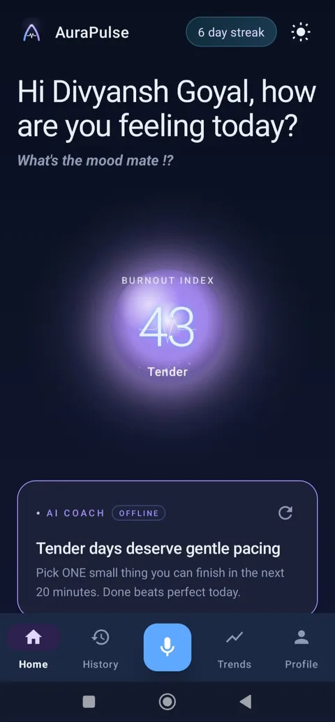 AuraPulse home screen with burnout index orb